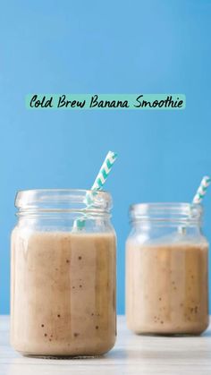 two mason jars filled with cold brew banana smoothie