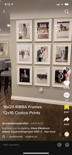 a room with pictures hanging on the wall and an instagramr for photos above it