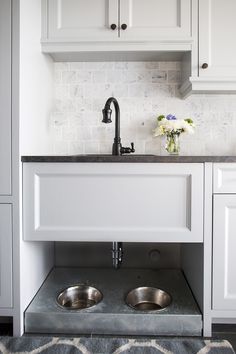 a kitchen sink with two bowls underneath it