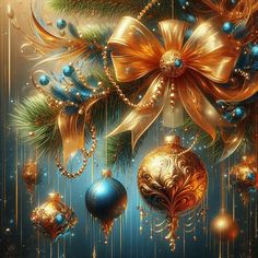 a painting of christmas ornaments and pine branches with gold bows on them, against a blue background