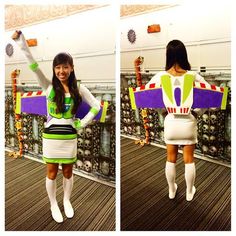 two pictures of a woman dressed as buzz lightyear from the movie toy story, with her arms in the air