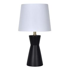 a black table lamp with a white shade