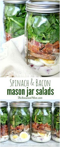 spinach and bacon mason jar salads in jars with text overlay that reads spinach and bacon mason jar salads