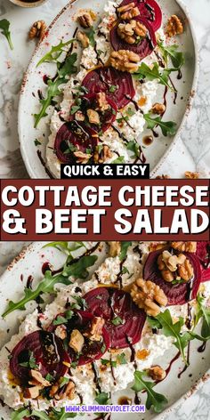 two plates with beets and goat cheese salad on them