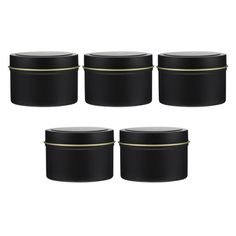 four black containers with gold trims are shown in this set on a white background