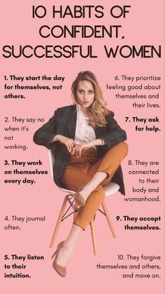 a woman sitting in a chair with her legs crossed and the words 10 habitts of confident women