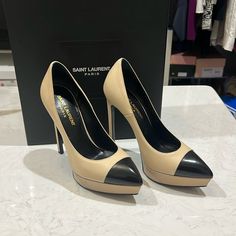 Ysl Saint Laurent Mat Napppa/Glossy. Nude Powder/Ner Color. Size 35.5 (35+). Comes With Box And Extra Pair Of Heel Tips. Ysl Saint Laurent, Yves Saint Laurent Shoes, Platform Pumps, Black And Tan, Shoes Women Heels, Yves Saint Laurent, Saint Laurent, Shoes Heels, Pumps