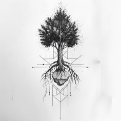 a black and white drawing of a tree with roots