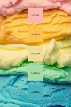 four different colors of ice cream on top of each other in the same color scheme