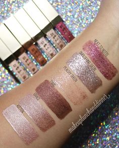 Swatches of the @stilacosmetics Eye for Elegance Liquid Eye Shadow Set for the holidays. This set contains 6 mini liquid eyeshadows - 3 are in their new Shimmer & Glow formula & 3 in their Glitter & Glow formula. via @makeuplunchanddinner Glitter Eyeshadow Palette, Makeup List, Glitter Eye Makeup