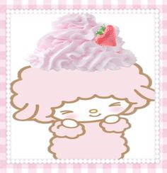 a pink cupcake with white frosting and a strawberry on top is in the shape of a poodle