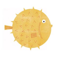 a drawing of a yellow fish with spikes on it's head and eyes is shown