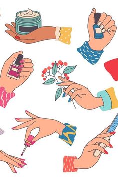 Illustration Art Nails, Nails Illustration Design, Nail Illustration Hand, Manicure Illustration, Nails Illustration, Nails Drawing, Painting Nails, Female Hands, Nail Salon Decor