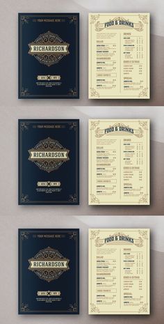 three different menus with gold and blue designs on the front, back and sides