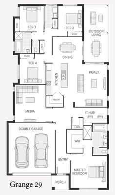 a floor plan for a house with two car garages and three living areas in it