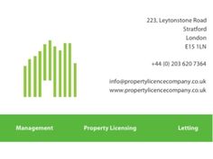 business card for property listing company with green and white lines on the front, black text reads property listing