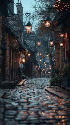 a cobblestone street with lanterns hanging from it's sides in the evening