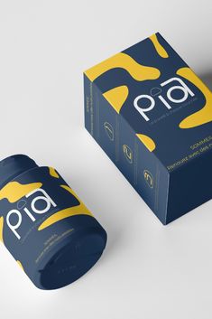 the packaging design is designed to look like an abstract piece of art, and it's blue with yellow accents