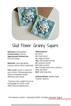 two square crocheted coasters with the words skull flower granny square