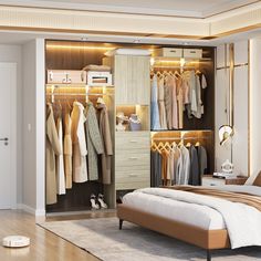 a bedroom with a bed, closet and clothes hanging on the wall next to it