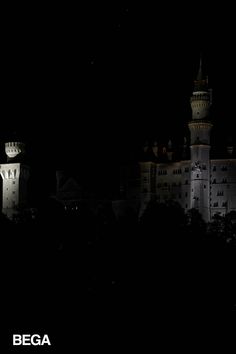 a castle lit up in the dark at night