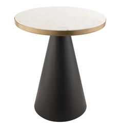 a black and gold table with a white marble top on an isolated pedestal in front of a white background