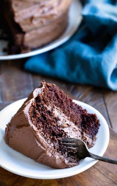 a slice of chocolate fudge cake on a white plate