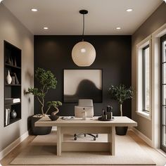 a home office with black walls and white furniture, potted plants on the desk