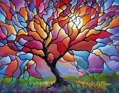 a painting of a colorful tree with the sun shining through it