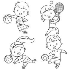 three children playing with balls and tennis rackets coloring page for kids, black and white