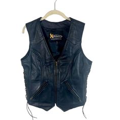 Xelement Women's Genuine Leather Vest  Size M Pre owned in good condition  Minor stain on one of the underarms  See pics for reference  Lace up sides  Full zip up Zip side pockets  Double interior pockets Leather Vest, Deep Purple, Forest Green, Favorite Outfit, Zip Ups, Genuine Leather, Art Collection, Jackets & Coats