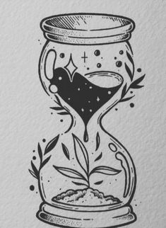 an ink drawing of a hourglass with plants inside