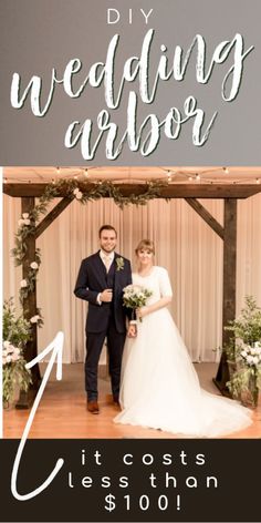 a man and woman standing next to each other in front of a wooden structure with the words diy wedding arbor