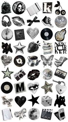 various black and white objects are arranged in the shape of a heart, star, moon