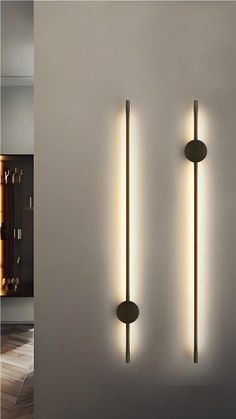 two wall lights with dim lighting on the side of them in a white walled room