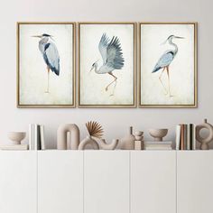 three framed paintings on the wall above a white cabinet with books and vases in front of it