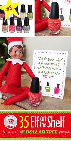 an elf is sitting on the table next to some nail polishes and a christmas card