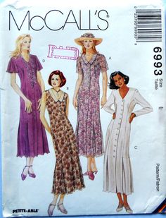 three women's dresses and one woman's hat are shown in this sewing pattern