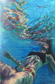 a painting of a person swimming under water