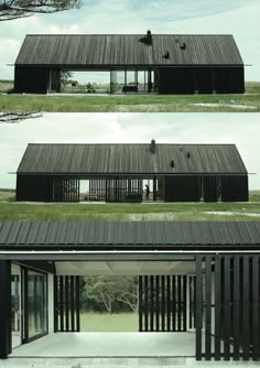 three different views of the same building with black sidings and windows on each side