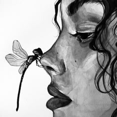 a drawing of a woman with a dragonfly on her nose