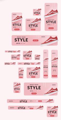 a bunch of pink and white labels with different types of shoes on them, all labeled in