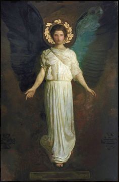 an angel standing in front of a painting