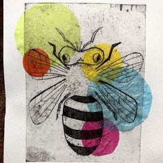 a drawing of a bee with different colored circles around it's face and eyes