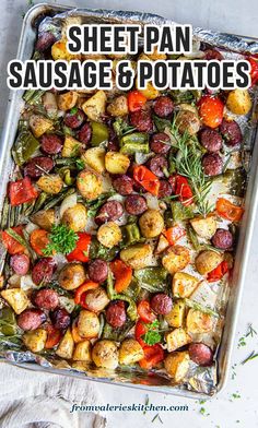 sheet pan sausage and potatoes on a baking sheet with text overlay that says sheet pan sausage and potatoes