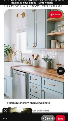 a kitchen with blue cabinets and wooden counter tops on the bottom right corner is an instagram page