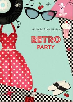 an advertisement for a retro party with clothes, hats and sunglasses on checkered background