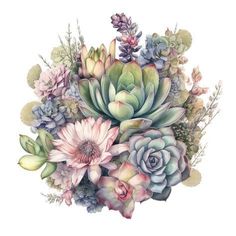 an arrangement of flowers and succulents in pastel colors on a white background