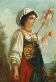 a painting of a woman holding a feather in one hand and an umbrella in the other