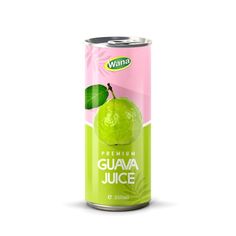 a can of guavaa juice on a white background with green leafy fruit